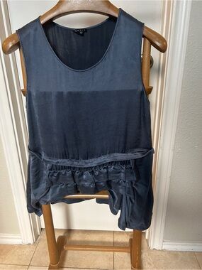 Theory Navy Blue Sleeveless Ruffle-Hem Silk Tank